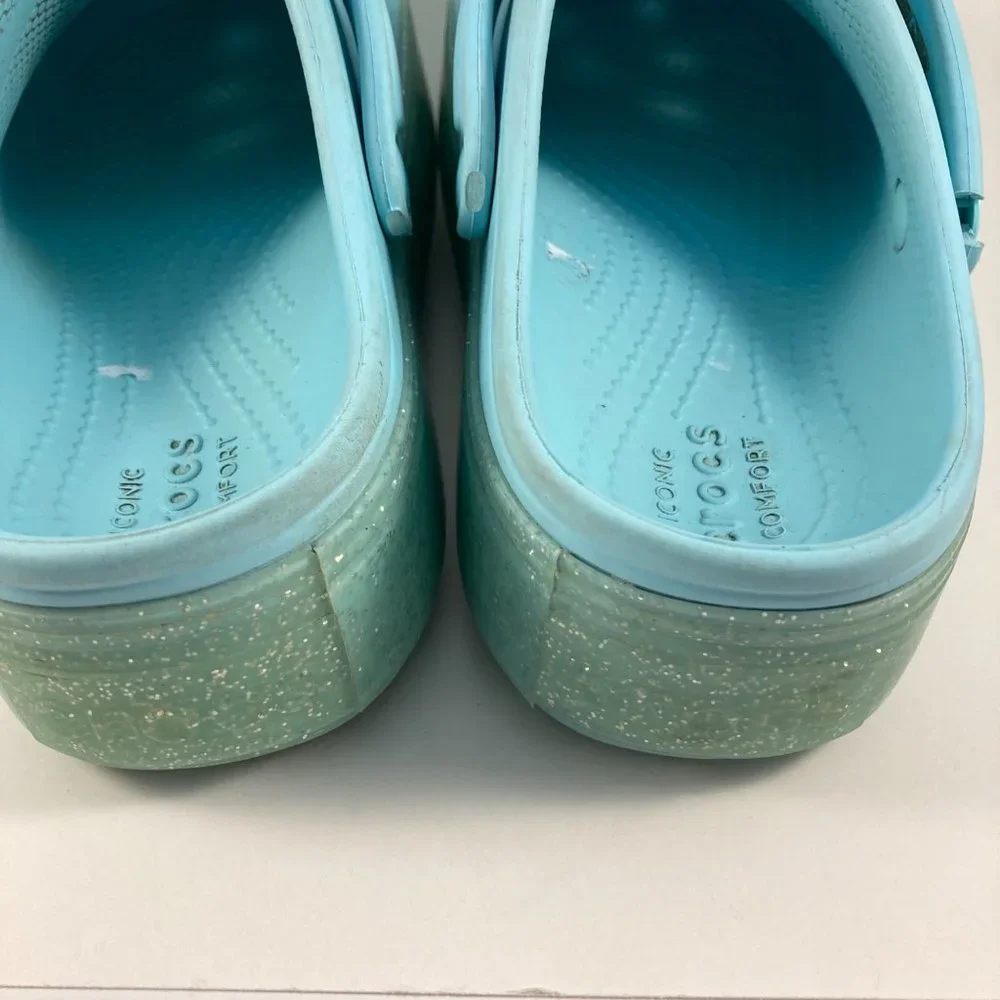 Blue sparkly platform crocs juniors 1